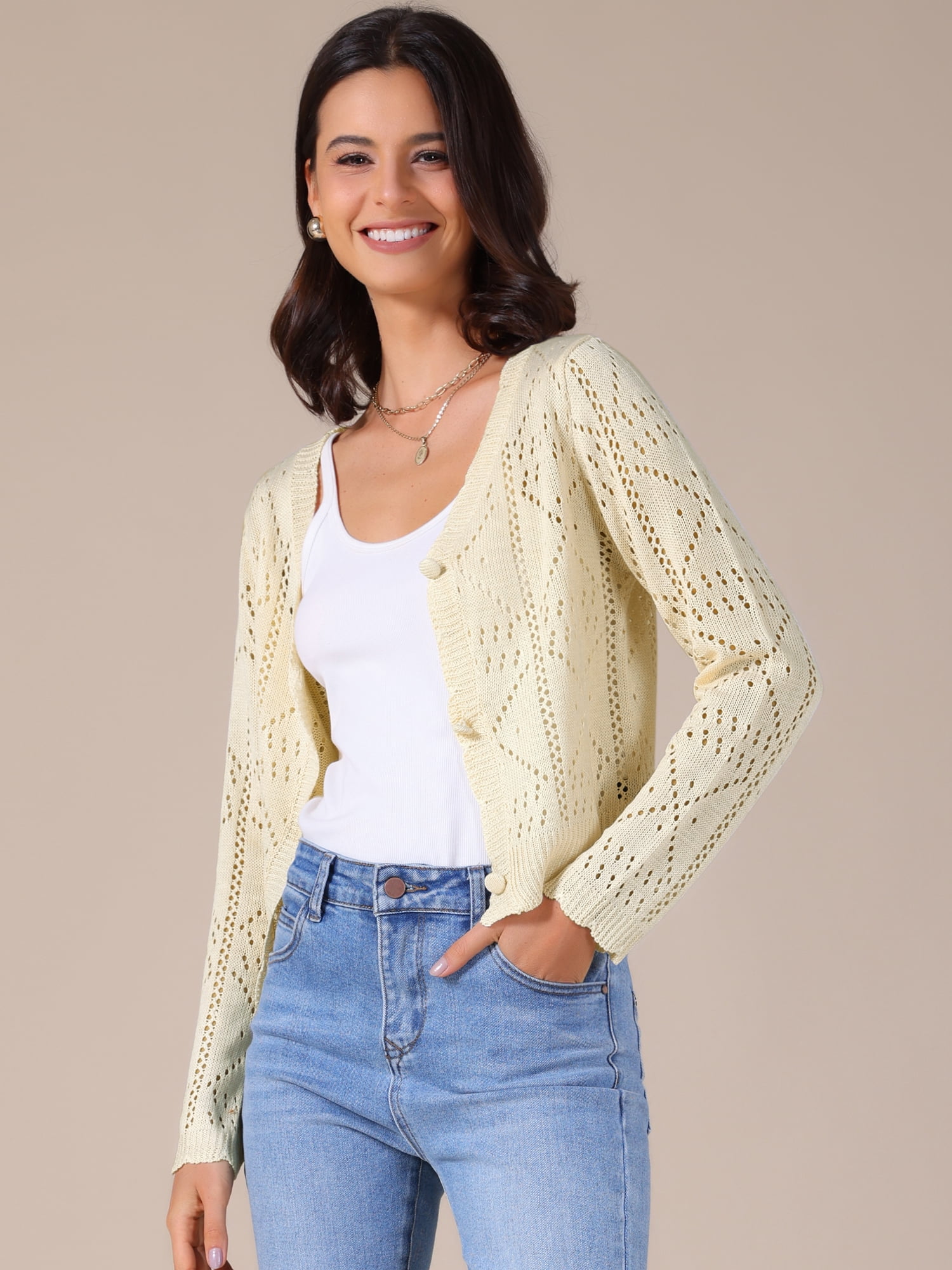 DARING DIVA Women's Long Sleeve Cropped Knit Button Up Crochet Cardigan S Beige