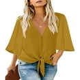 thumbnail image 1 of CHOK Women‘s Button Down V Neck Tops Ruffled 3/4 Sleeve Tie Knot Front Blouses White Sizes S-2XL, 1 of 3