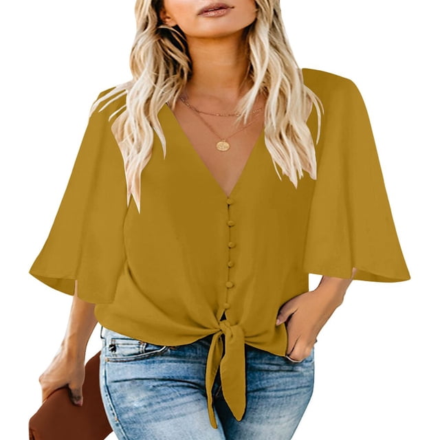 CHOK Women‘s Button Down V Neck Tops Ruffled 3/4 Sleeve Tie Knot Front Blouses White Sizes S-2XL