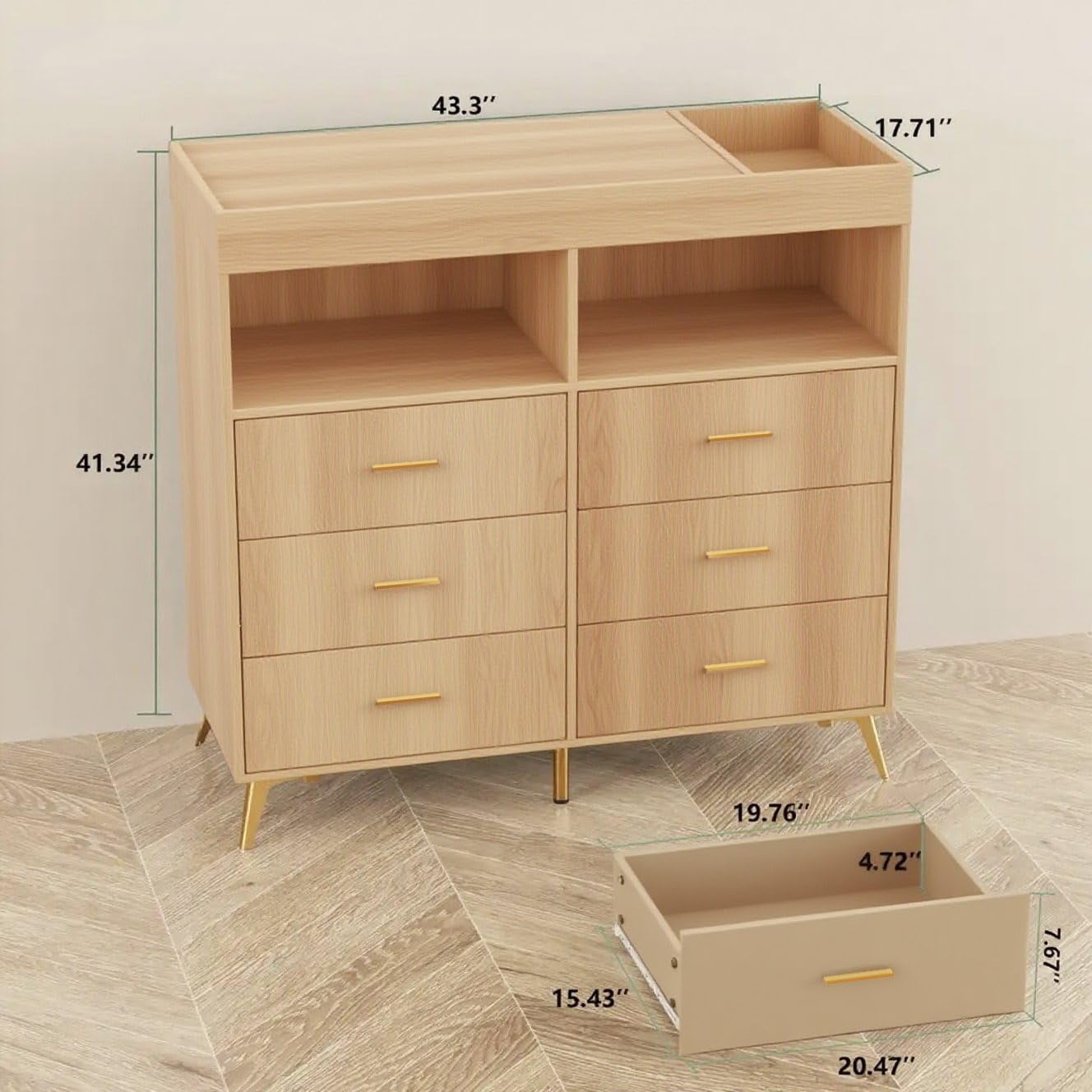 Ataucjin Dresser for Bedroom with 6 Drawers, Multi-Functional Changing Dresser with LED Lights & Charging Station,Changing Table Table with Diaper Changing Station（ship in 2 boxes）