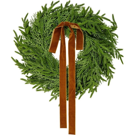 JEWLALO 20 Inch Real Touch Norfolk Pine & Cedar Christmas Wreath with Brown Velvet Bow, Artificial Greenery Holiday Wreath for Front Door Window Indoor Outdoor Decorations
