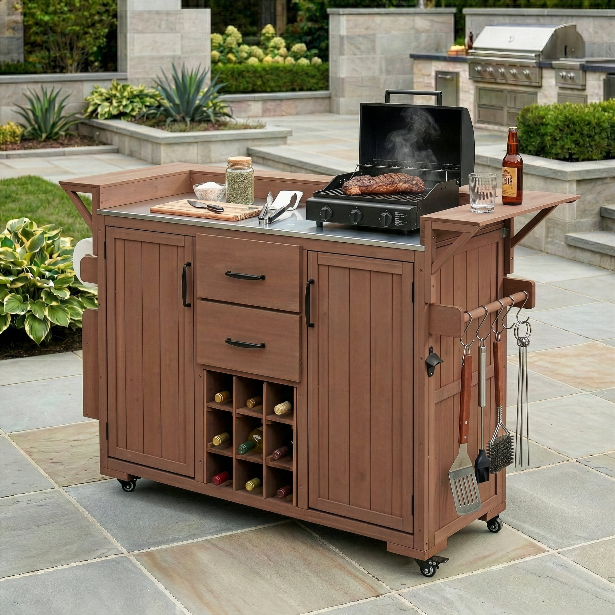 Modern 60.2" Outdoor Kitchen Island with Wheels, Rolling Kitchen Island with Stainless Steel Top & Wine Rack, Patio BBQ Kitchen Cart with Spice Rack & 2 Drawers, Brown