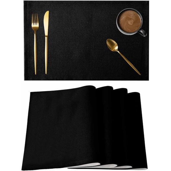 Placemats Set of 4, Black Washable Wipeable Table Mats for Dining Tables, Solid Color Farmhouse Black Indoor Outdoor Waterproof Kitchen Place Mats for Holiday Table Decor