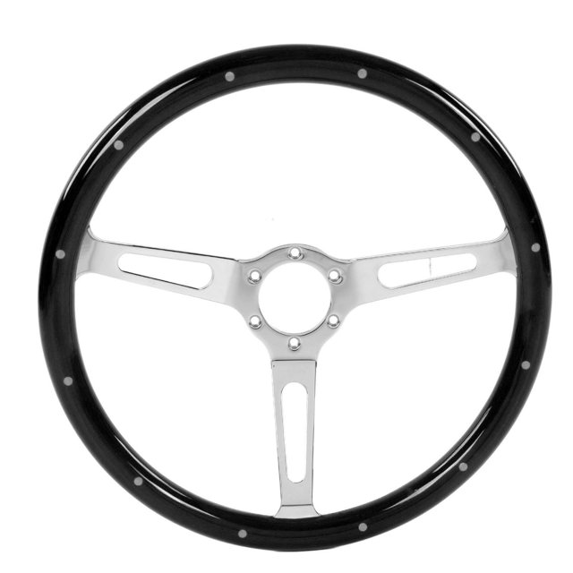 Qiilu Steering Wheel, 380mm 15in Classic Steering Wheel Assembly Walnut Grip 3 Spoke Riveted 6 Hole Universal Modification