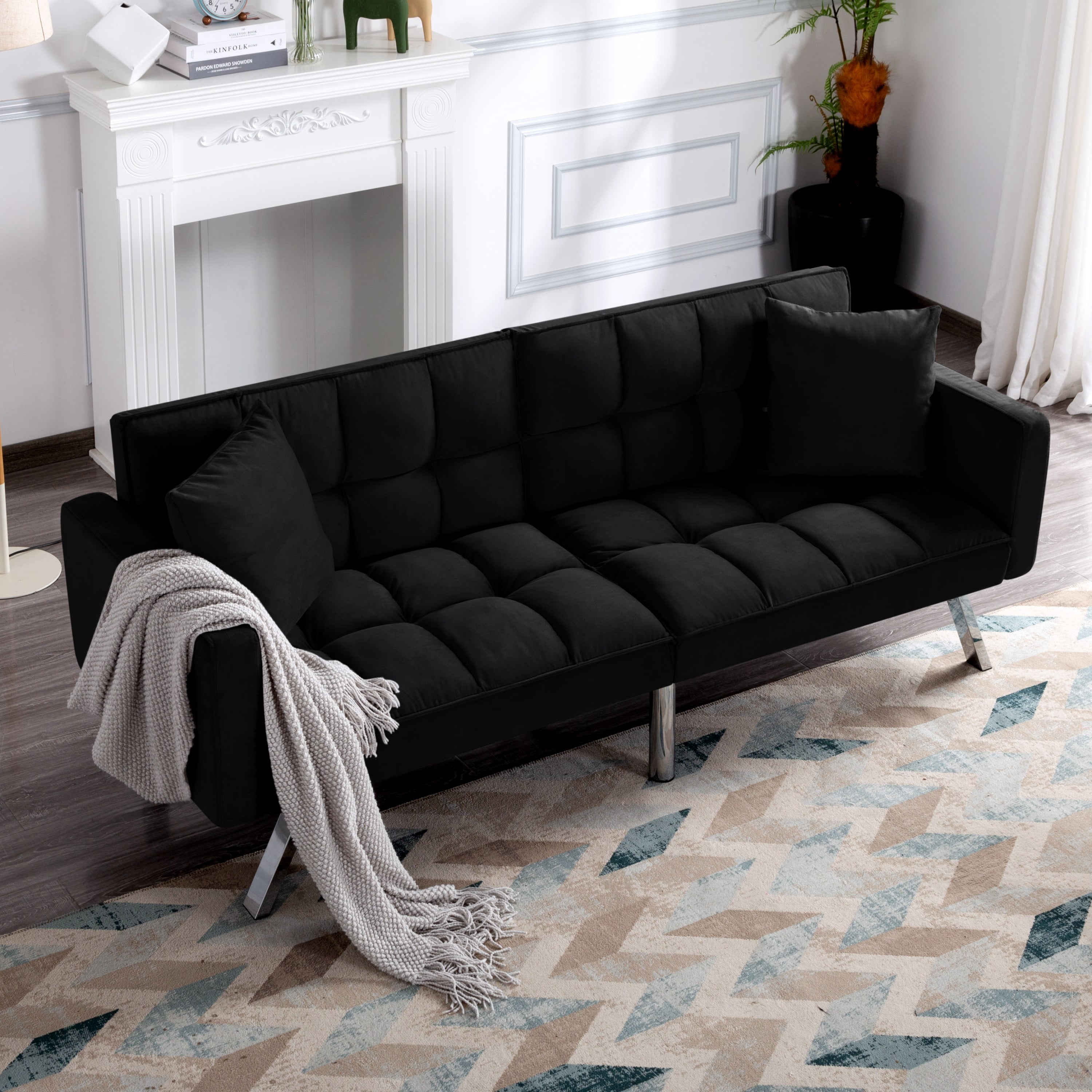 BSHTI 74” Twin Size Futon Sofa Bed,Square-tufted Upholstery Futon Sleeper,Velvet Fabric Sleeper Sofa,for Home,Office,and Guest Room,Black