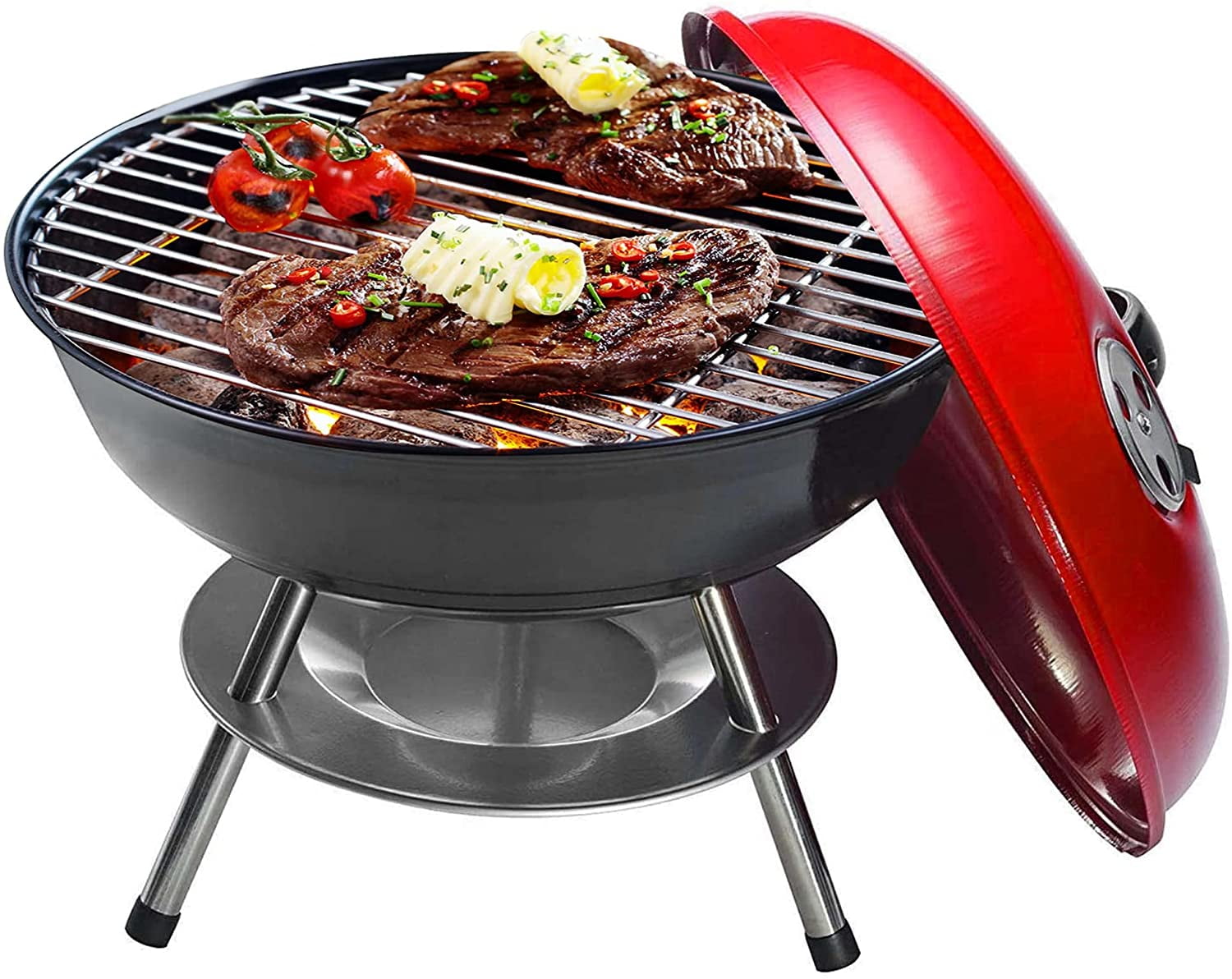 14 Inch Portable Kettle Charcoal BBQ Grill / Kettle Barbecue - Red 