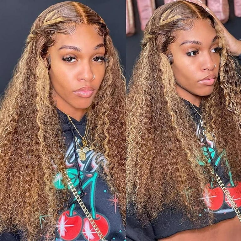 Curly Honey Blonde Lace Front Wig Human Hair 13x4 Deep Curly Highlight Ombre Brown to Blonde Frontal Wig for Black Women Pre Plucked 10A Brazilian Remy Hair Colored Wig with Baby Hair 150 Density