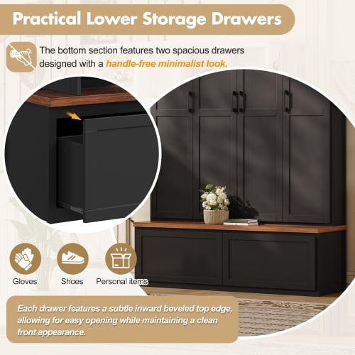 74.8" Modern Farmhouse Hall Tree with 4 Hidden Cabinets, 6 Hooks, Storage Drawers and Bench, Entryway Coat Rack Organizer, Black