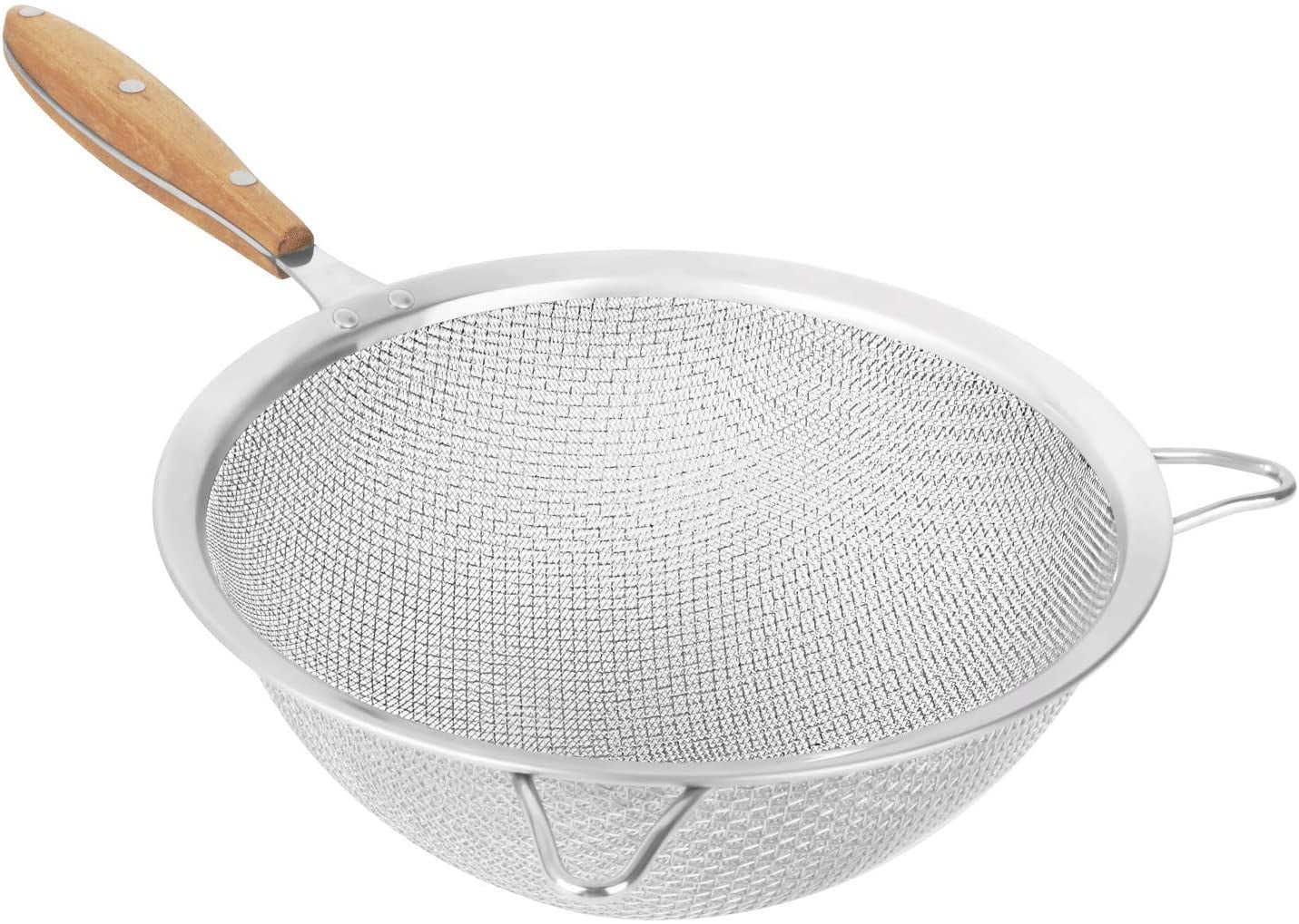 Designed for Chefs and Kitchen 9 Inch Fine Mesh Strainer with 9 Inch Large Stainless Steel Double Fine Mesh and Reinforced Frame and Comfortable Wooden Handle Grip