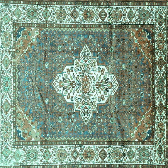 Ahgly Company Machine Washable Indoor Square Medallion Turquoise Blue Traditional Area Rugs, 6' Square