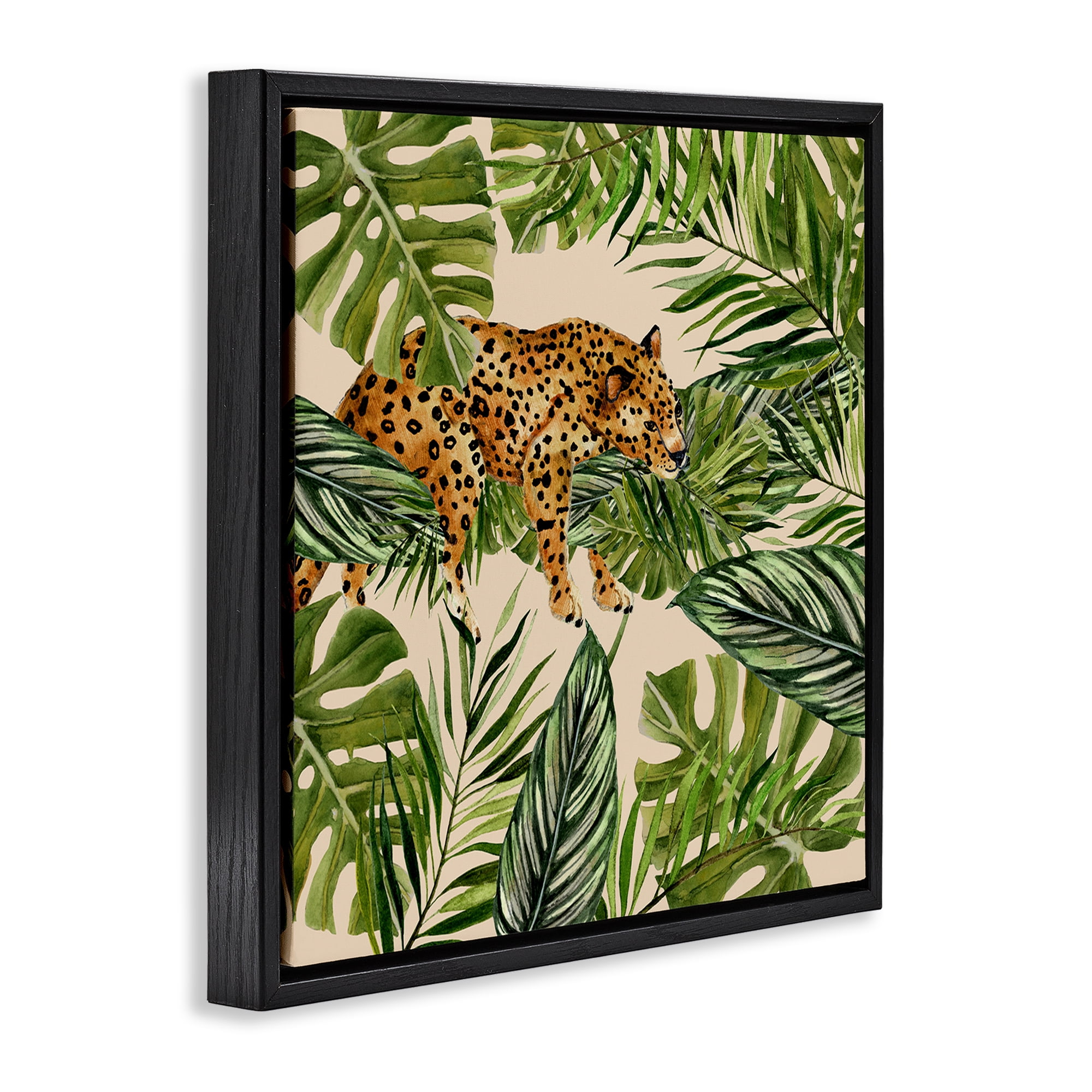 Stupell Industries Resting Leopard on Branch Plants & Flowers Painting Black Floater Framed Canvas Art Print Wall Art, 25 x 25