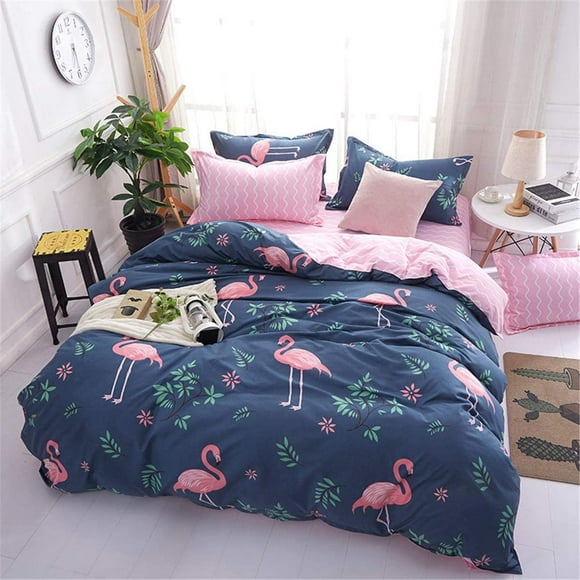 Flamingo Duvet Cover Queen Reversible Pink Flamingo Pattern Printed Blue Bedding Quilt Cover with Zipper and 2 Pillow Shams for Girls Teens Soft Microifber Comforter Cover 90"x 90"