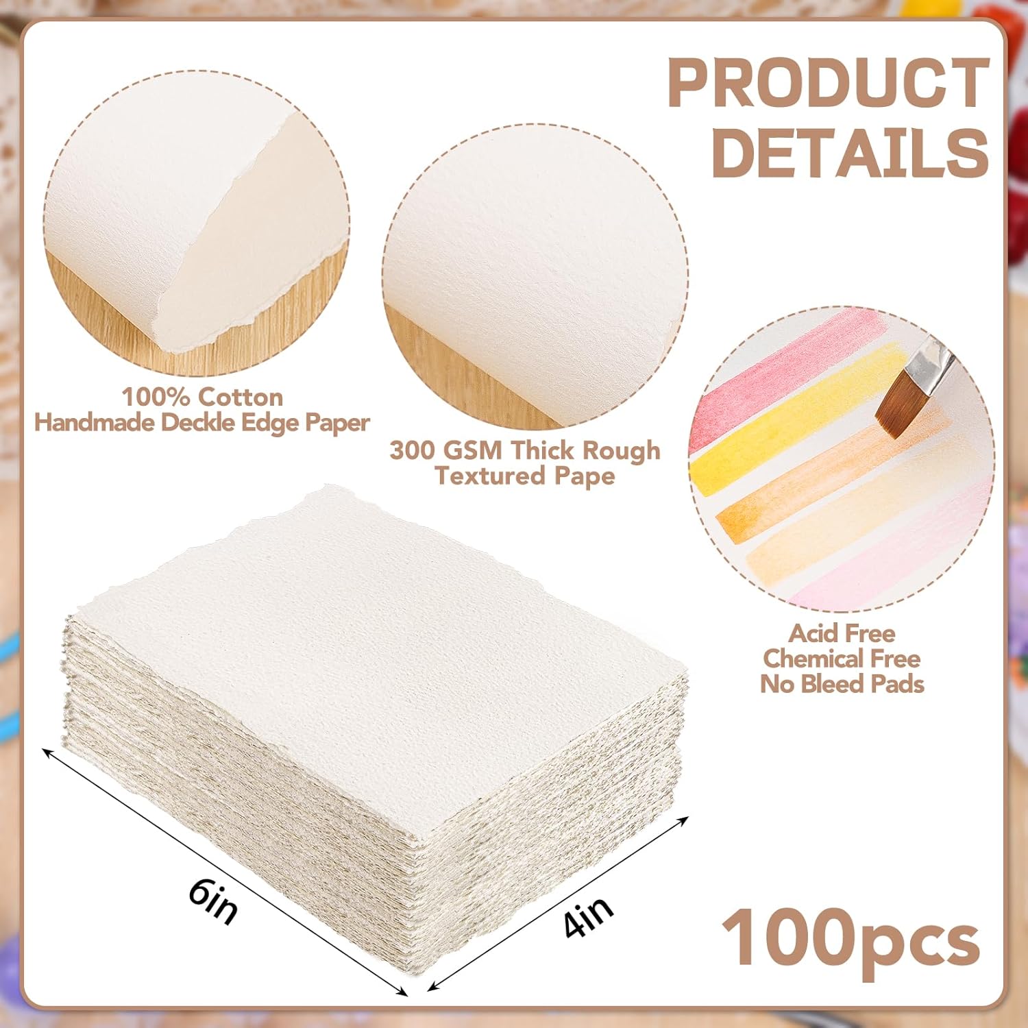 100 Sheets Watercolor Paper 4 x 6inch, 300 GSM Deckled Edge Paper Rough/Textured Handmade Paper for Watercolors, Wedding Invitations, Cards, Crafts