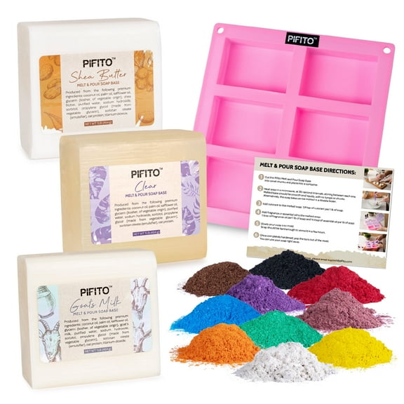 Pifito Soap Making Kit │ DIY Soap Making Supplies - 3 lbs Melt and Pour Soap Base (Goats Milk, Shea Butter, Clear), 10-Pack Mica "Original" Colorants Sampler, Mold and Instructions