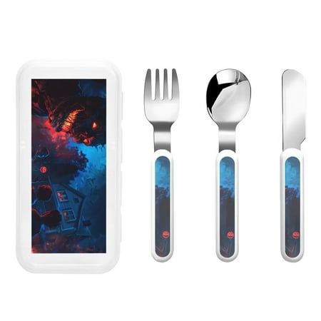 

Kdxio Spooky Halloween Night Scene Toddler Utensils Set - Kids Silverware Set Set Kids Utensils Set with Case for Preschooler Children