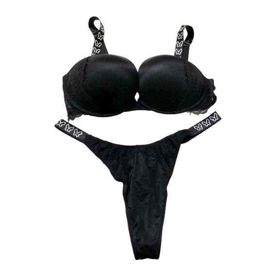 Victoria's Secret Very Sexy Shine Strap Butterfly Rhinestone Push-Up Bra with Shine Thong Panty Set Black 36D/Large Panty NWT