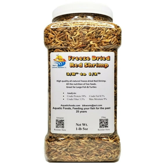 1-lb 5oz Freeze Dried Red Shrimp 3/8" to 1/2" for All Tropical Fish, Marine Fish, Large Cichlids, Koi, Pond Fish, Land & Aquatic Turtles. Aquatic Foods Premium Tropical Fish Foods. 1-lb 5oz-Jar