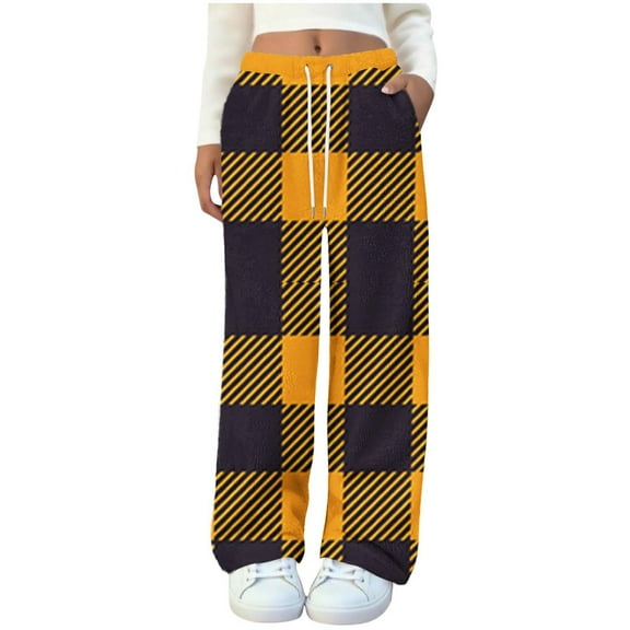 KyCheLot Warm Pajama Pants for Women Soft Fleece Color Block Elastic High Waist Drawstring Loose Pants with Pockets