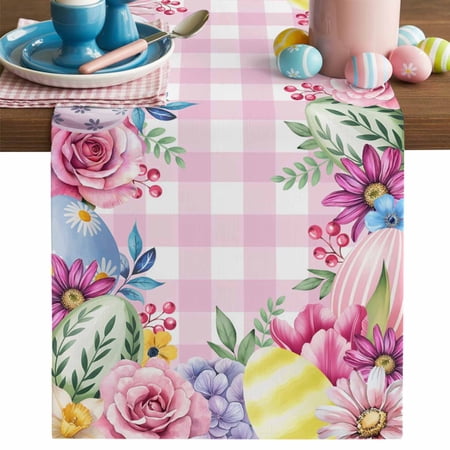 Easter Table Runner Colorful Eggs Roses Tulips Daisy Berries Pink Plaid Cotton Linen Kitchen Table Decoration Washable Dining Tabletop Runners for Home Party Decor 13x48 Inches