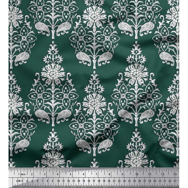 Soimoi Modal Satin Fabric Leaves & Floral Block Print Fabric by The Yard 42 Inch Wide