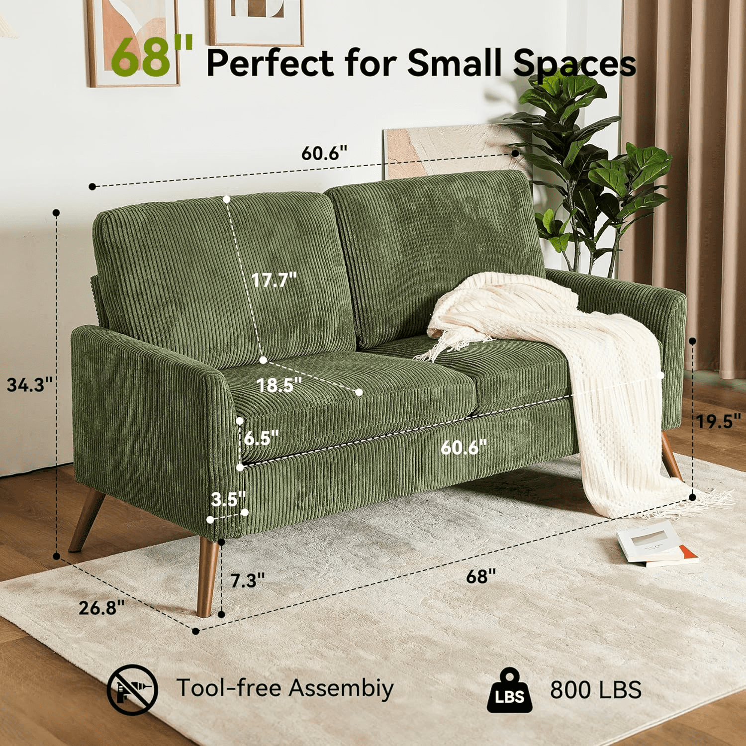 65" Mid Century Modern Small Couches for Small Spaces Love Seat , Sofa Couches for Living Room, Apartment, Bedroom
