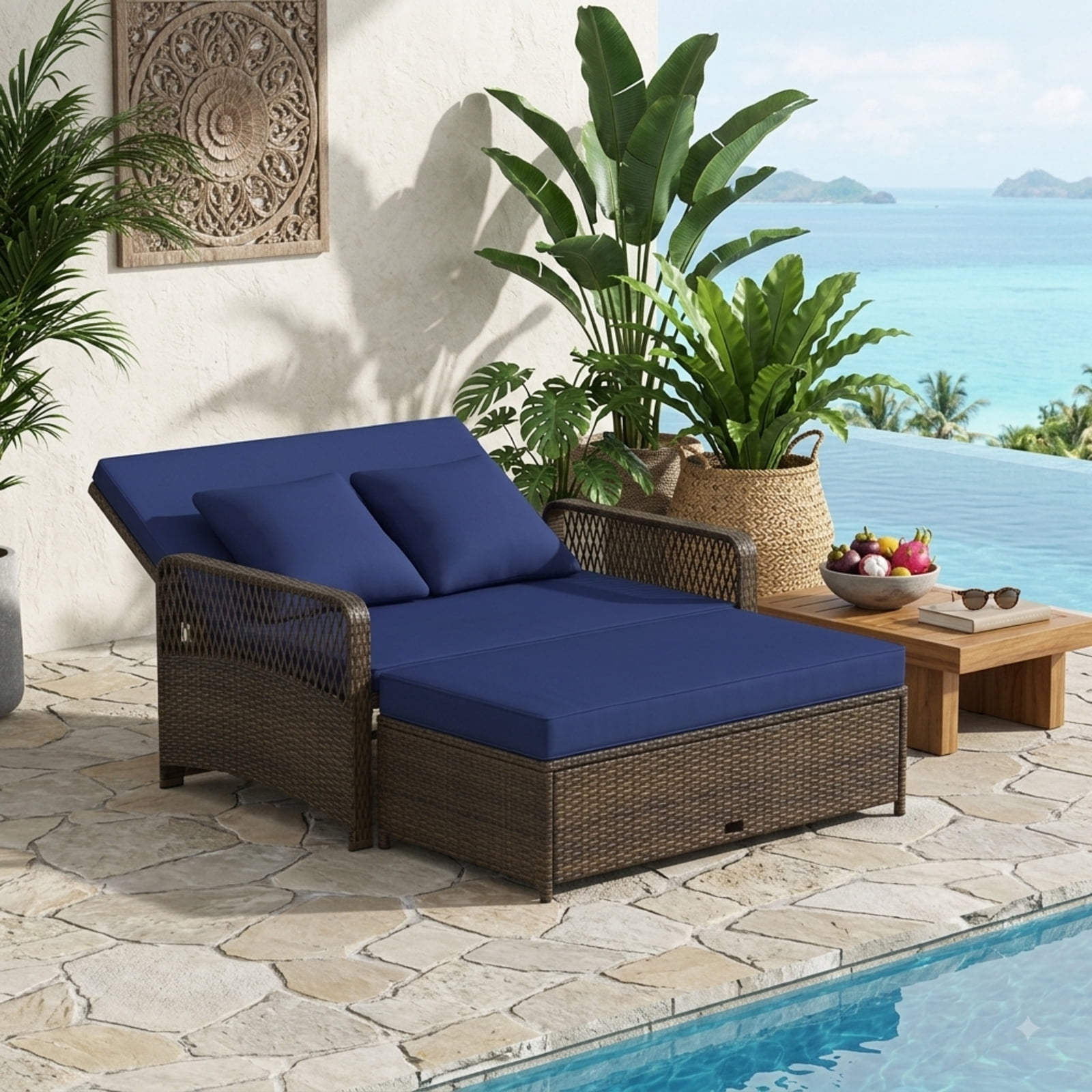 Furnibear Patio Wicker Daybed with 4-Level Backrest, Outdoor PE Rattan Loveseat Sofa & Ottoman Set with Cushions for Backyard Poolside, 800 LBS, Navy
