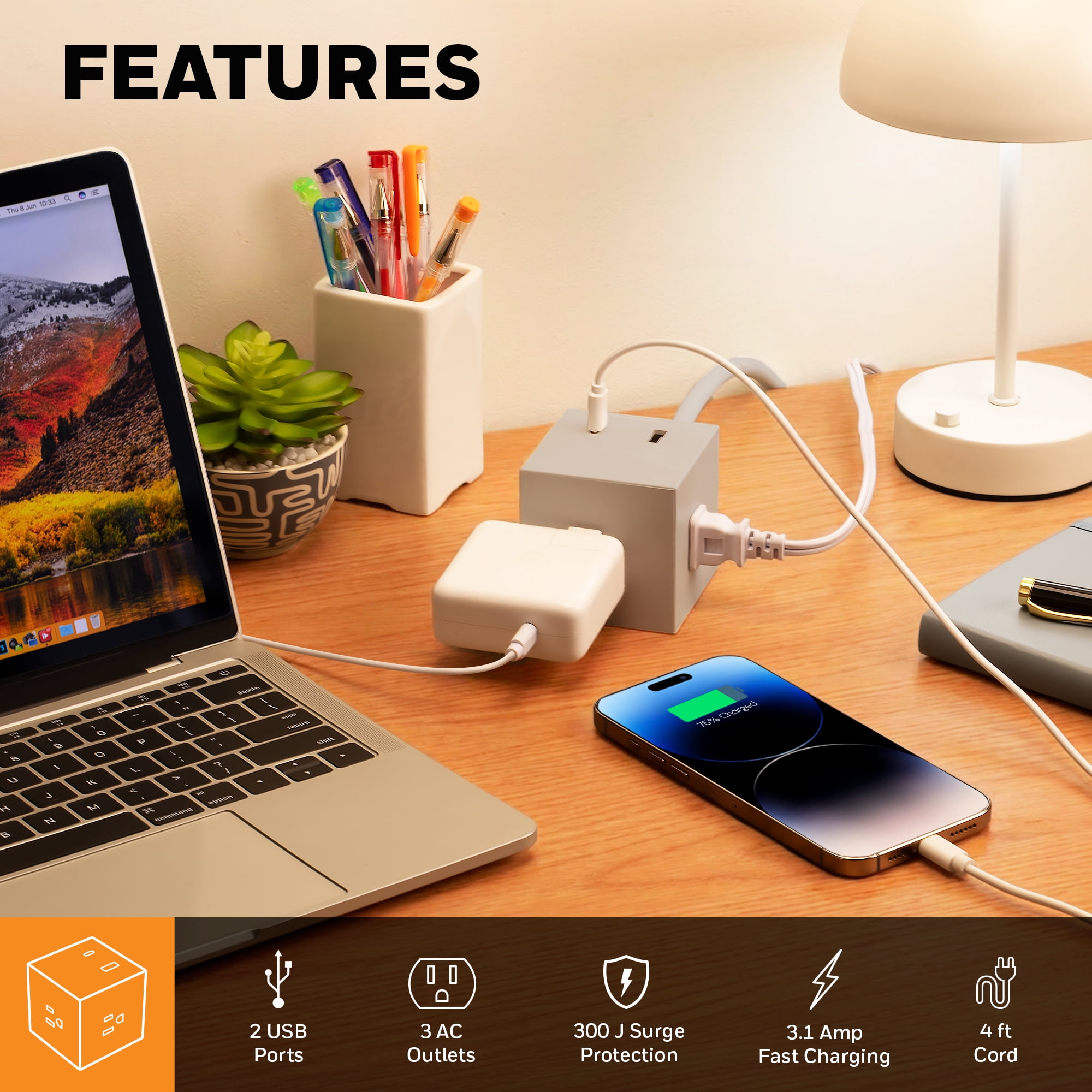 Honeywell 125V 15A Power Cube with 3 AC Outlets, 2 USB Ports (3.1A), 300 Joules Surge Protection, Tamper-Resistant USB Outlet, Taupe