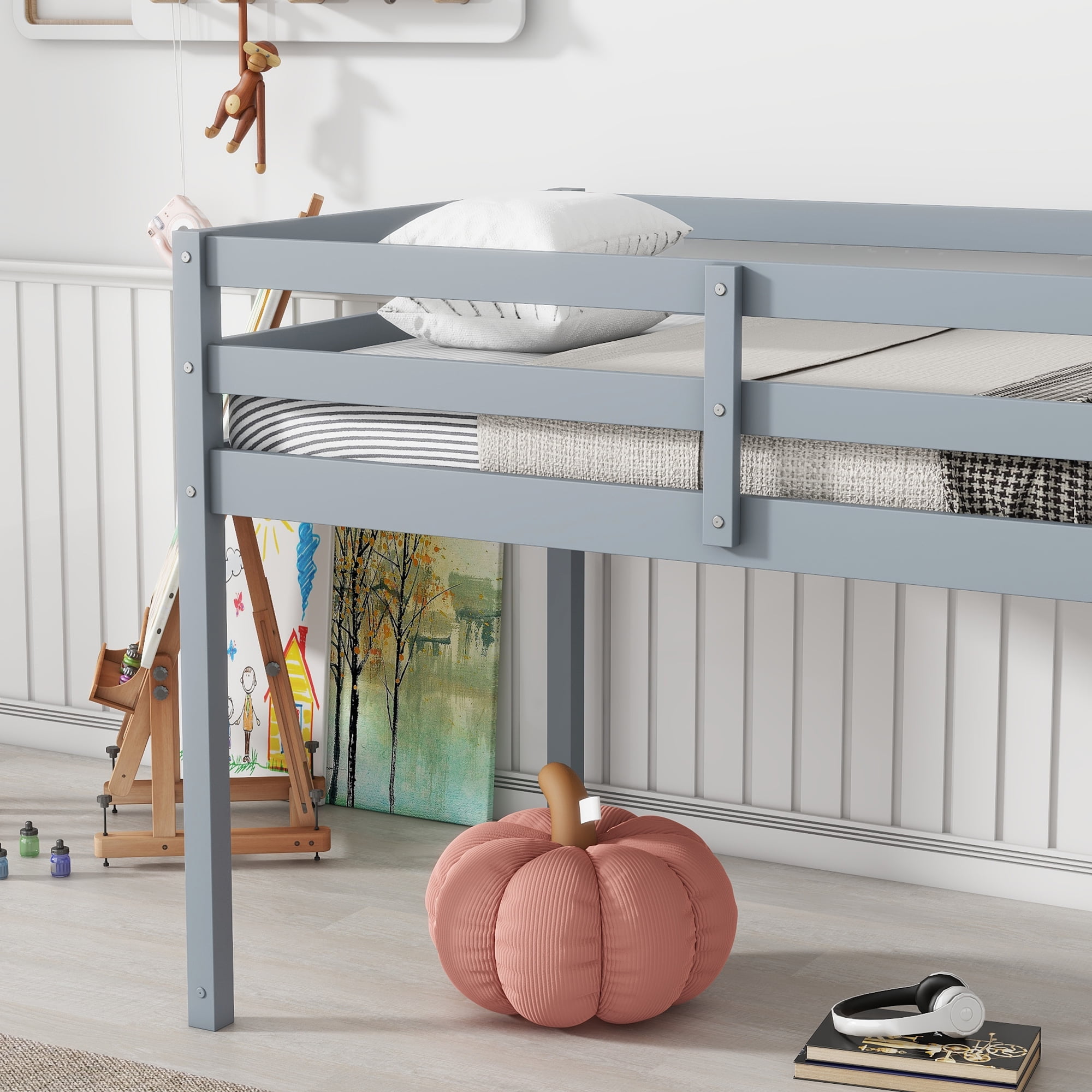 Sailvan Solid Wooden, Rubber Wooden Twin Loft Bed with Ladder, Bed Platform of Strengthened Slats