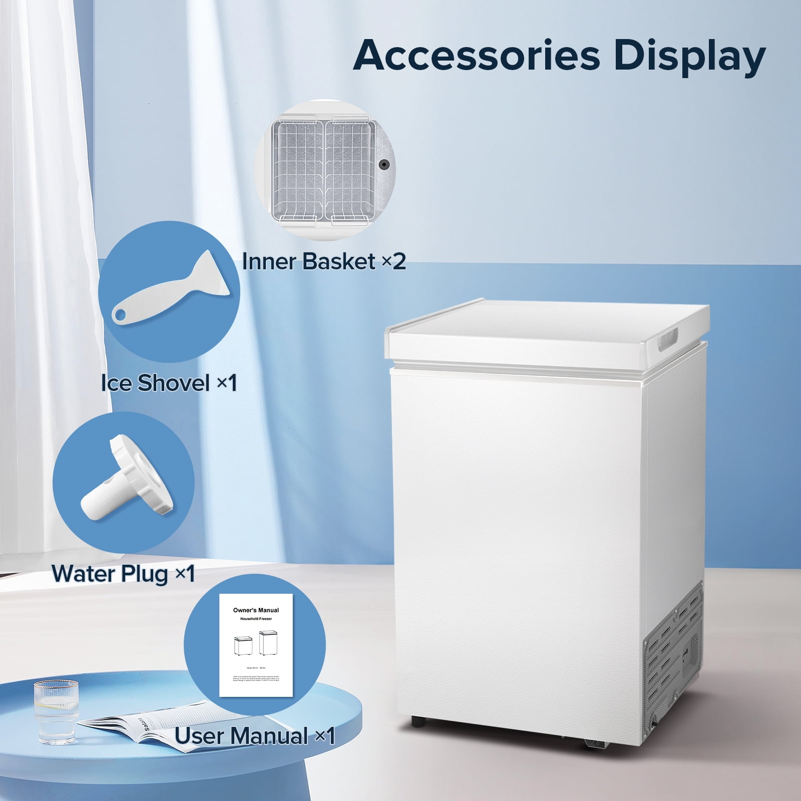 Auseo 2.7 Cubic Feet Chest Freezer Free Standing Top open Door Compact Freezer with Adjustable Temperature, Storage Basket*2, White