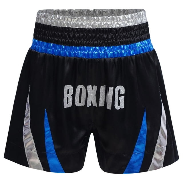 Alvivi Kids Boys MMA Training Boxing Shorts Boxer Trunks Metallic Patchwork Side Split Satin Short Blue&Silver 12