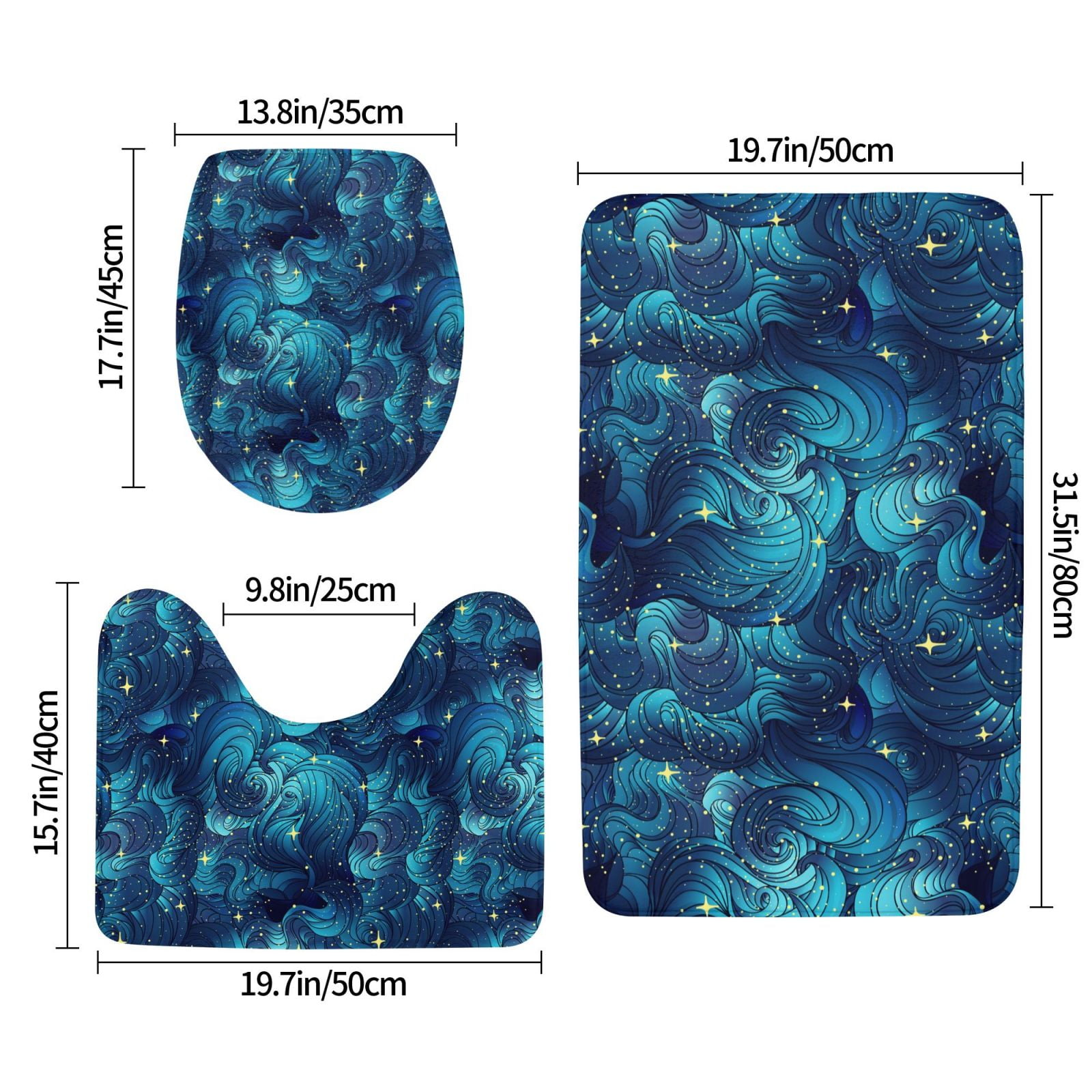 Bathroom Rugs Sets 3 Piece - shiny star navyblue wave Absorbent Non Slip Bath Mats, U-Shape Toilet Lid Cover, Contour Mat, Soft Washable Shower Mats Bath Rug Mat for Bathroom Tub Toilet