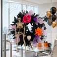 thumbnail image 4 of Halloween Skull Rose Wreath, 18" Black Artificial Maple Leaf Front Door Wreath with Purple Pumpkins Spider Web, Halloween Spooky Wall Hanging Home Decor for Fireplace Porch Living Room, 4 of 5