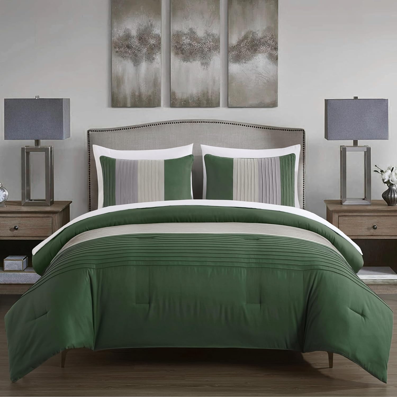 Chezmoi Collection Briar 7-Piece California King Bed in a Bag Comforter Set with Sheets - Lightweight Comforter Forest Green Gray Cream Luxury Pleated Stripe Bedding Set for All Season