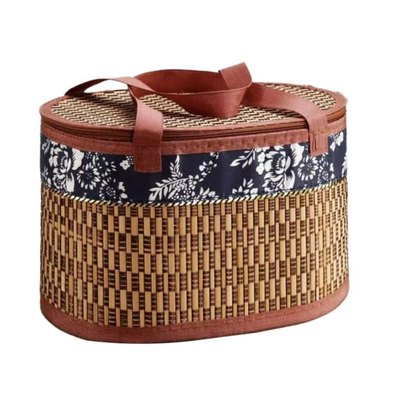 1 Pcs Bamboo Woven Basket, Picnic Basket, Natural Woven Basket with Lid and Handle, Foldable Vintage Storage Basket Organizer for Outdoor Camping Picnic