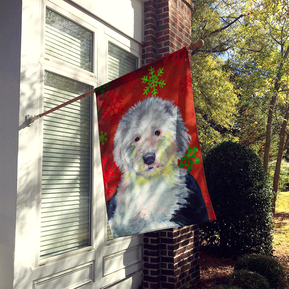 Carolines Treasures LH9351-FLAG-PARENT Old English Sheepdog Red  Green Snowflakes Holiday Christmas Flag  multicolor
