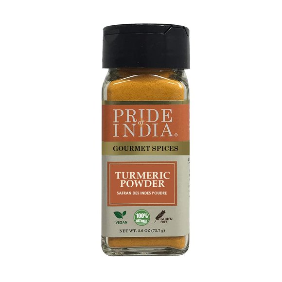 Pride of India – Curcuma Moulu Naturel – Épice Indienne Traditionnelle – Indispensable au Garde-Manger – Riche en Curcumine et de Qualité Supérieure – Idéal pour les Caris, les Lentilles, la Viande et le Pilaf – Facile à Utiliser – Petit Pot à Double Tamis de 74 g