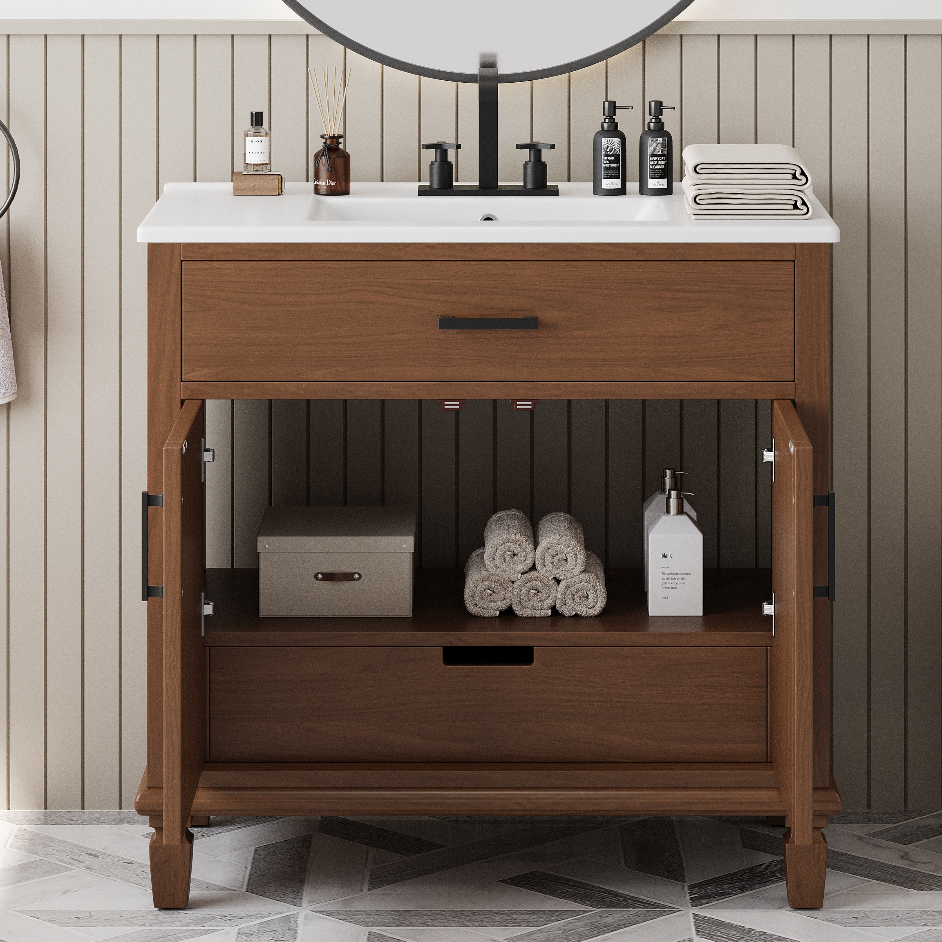 Euroco 36" Bathroom Vanity with Handwoven Rattan Doors, Vitreous Ceramic Sink, Soft-Close Drawers & Solid Fir Wood Legs – Widespread Faucet Compatible