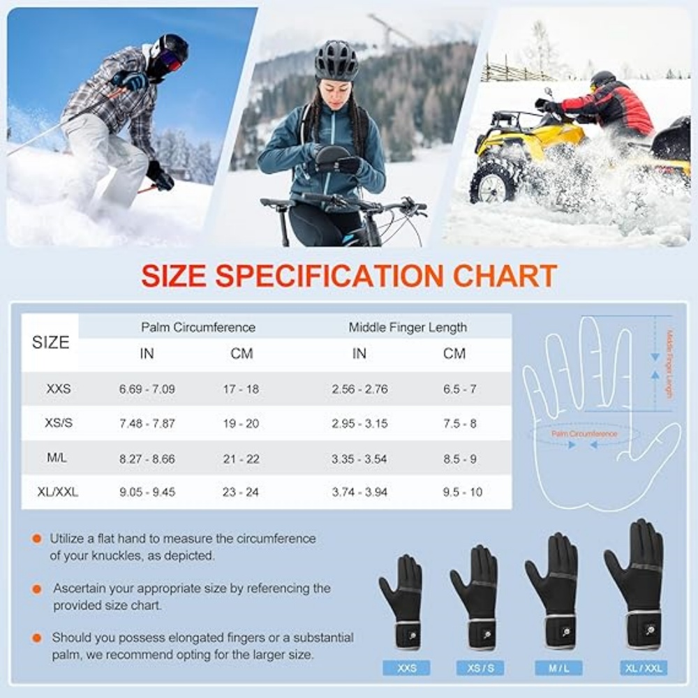 Sun Will Thin Heated Gloves Black Ski Mittens for Men and Women Rechargeable Electric Battery XS-2XL