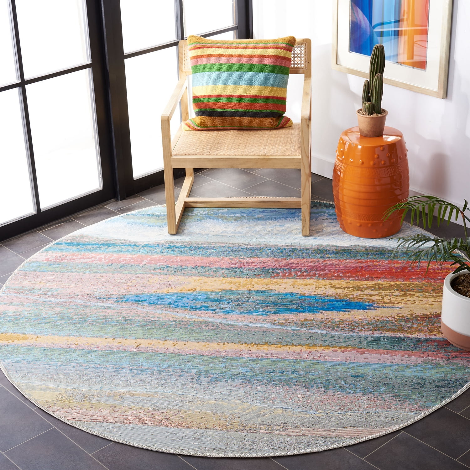 SAFAVIEH Barbados Abstract Beach Outdoor Area Rug, Light Blue/Pink, 6'6" x 6'6" Round