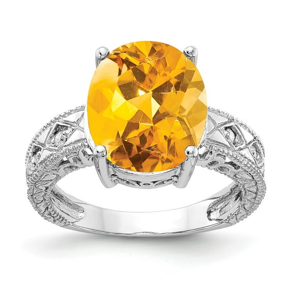 Solid 14k White Gold 12x10mm Oval Citrine Yellow November Gemstone Checker Diamond Engagement Ring Size 6 (.04 cttw.)