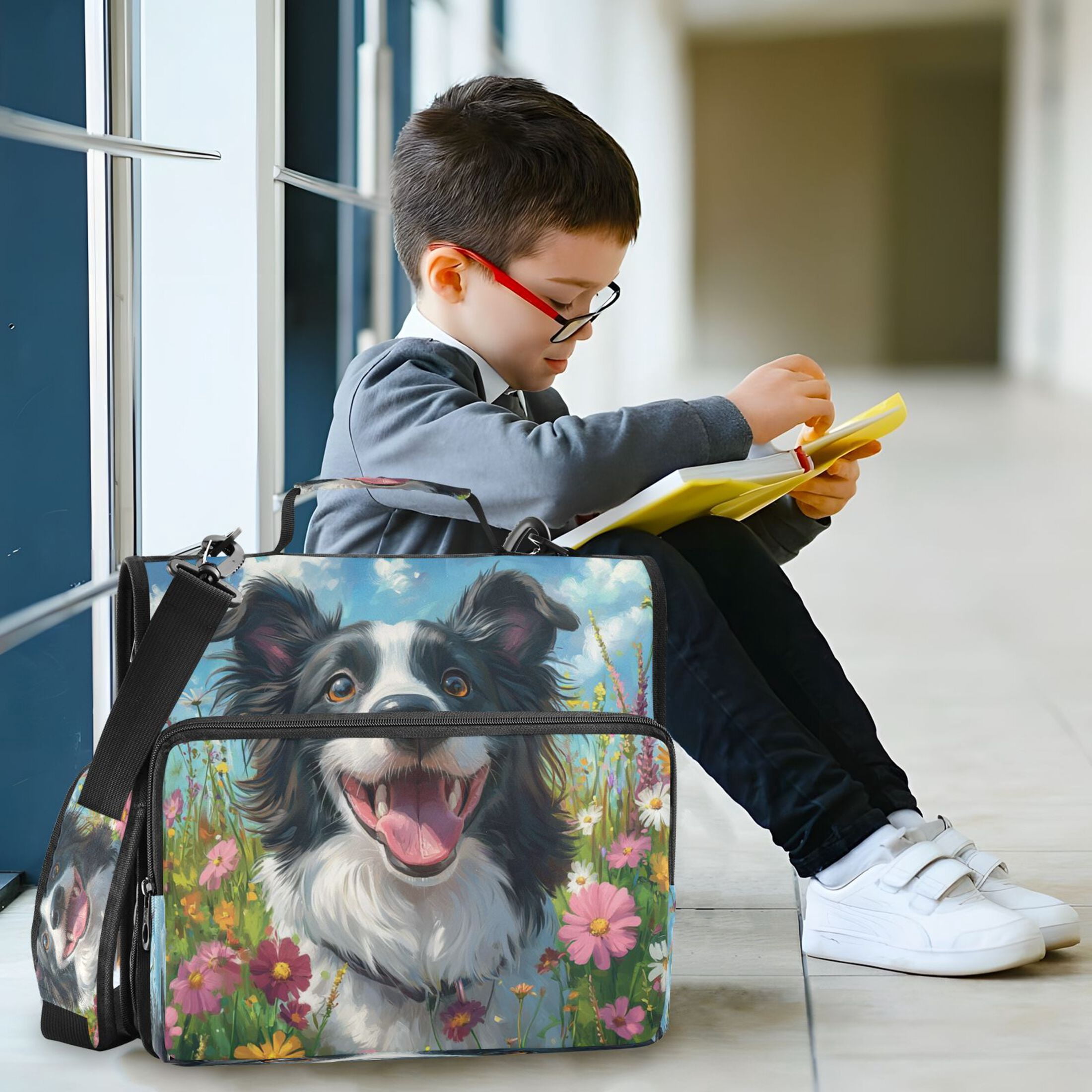 YAZAOO Zipper Binder trapper keeper Documents Organized Design Happy Dog Among Blooms Printed