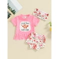 thumbnail image 2 of Suealasg Western Baby Girl Outfits Clothes Short Sleeve Cow Print Tassel Tops+ Elastic Waist Shorts + Headband Set 3Pcs Infant Toddler Summer Clothing, 2 of 9