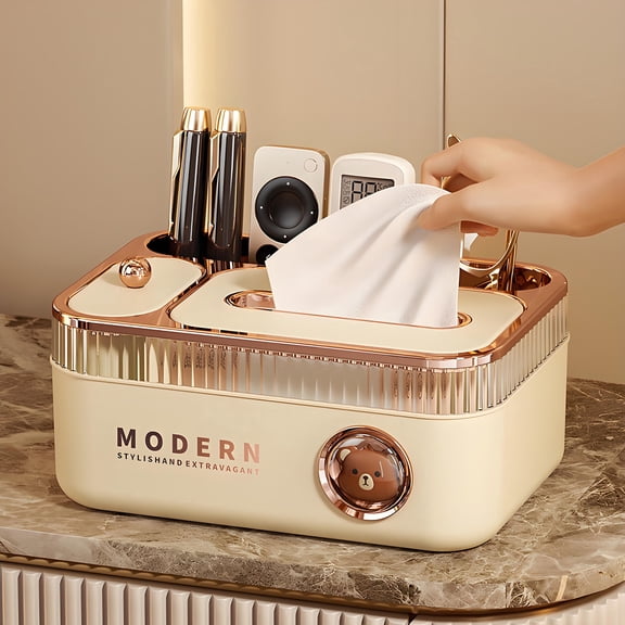Modern Desktop Tissue Box Organizer with Multifunctional Remote Control Holder, Pencil Holder, Makeup, Stationery. for Living Room, Bedroom, Office - Cream