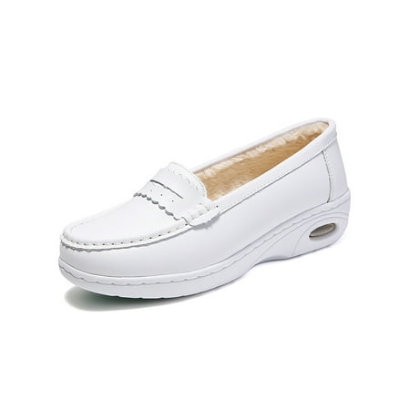 

Ferndule Ladies Flats Cushioned Loafers Hollow Out Moccasins Comfort Slip On Nurse Shoe Driving Work Shoes Round Toe Non-Slip White with Plush Lining 5