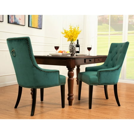 Velvet Tufted Side Chair Chic Home Gilbert Dining Side Chair Button Tufted PU Leather Velvet Polished Brass Nailheads Espresso Finished Wooden Legs, Modern Transitional, Green ()