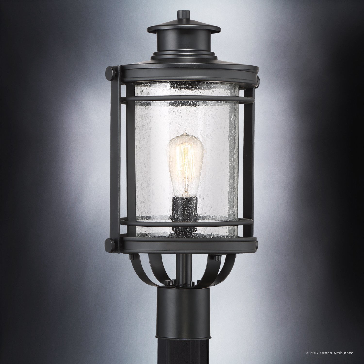 Urban Ambiance Luxury MidCentury Modern Outdoor Post Light, Medium Size: 19.5"H x 10.5"W, with Craftsman Style Elements, High-End Black Silk Finish and Seeded Glass, Includes Edison Bulb, UQL1010