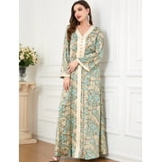 OBEEII Muslim Abaya Dress for Women Elegant Floral Islamic Dubai Long Sleeve Kaftan Maxi Dress Eid Party Loose Fit Muslim Prayer Dresses