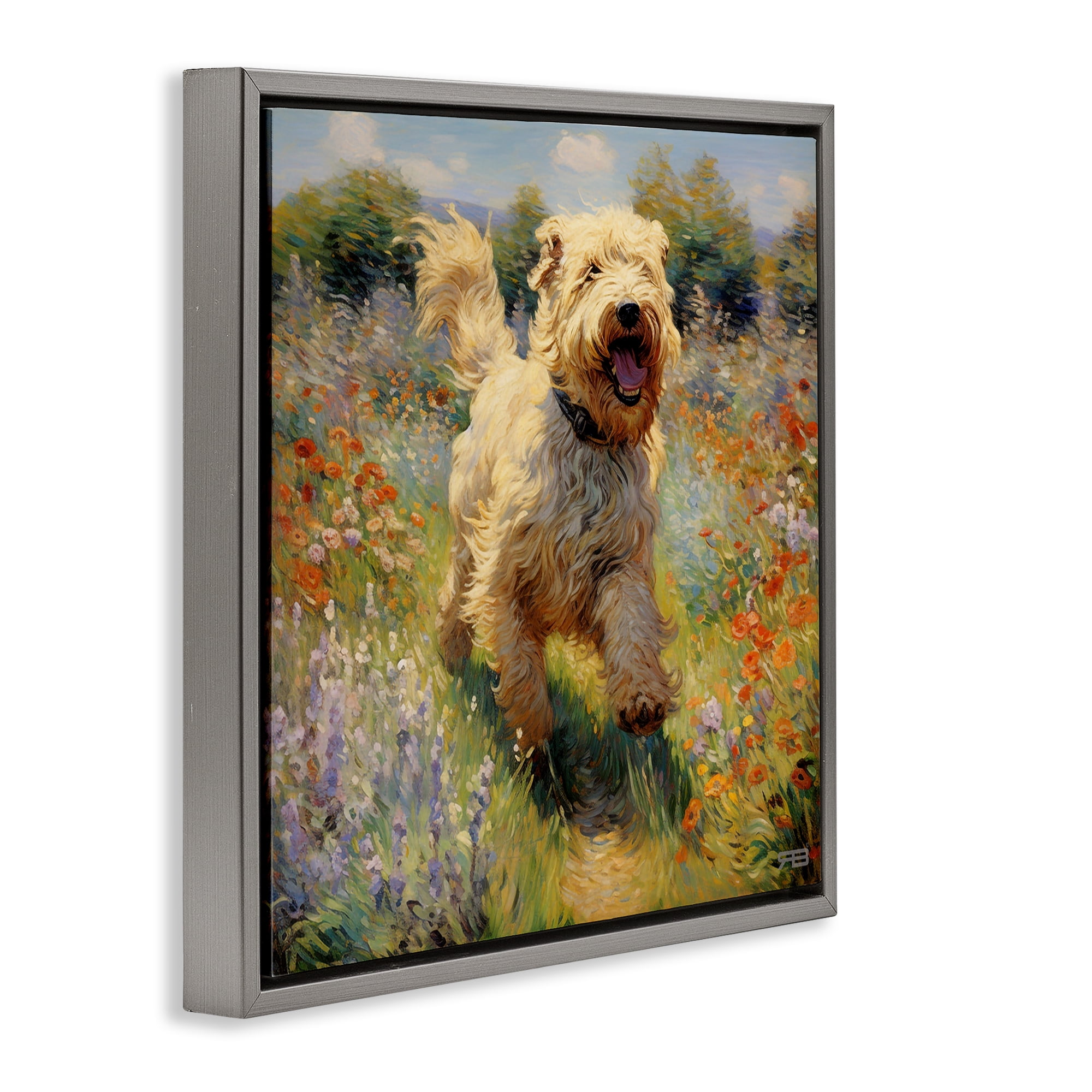 Stupell Industries Happy Running Terrier Dog Animals & Insects Painting Gray Floater Framed Canvas Art Print Wall Art, 18 x 18