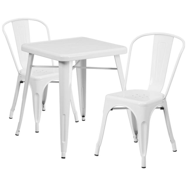 23.75-inch white metal square indoor-outdoor table set with two stackable chairs.