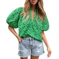thumbnail image 2 of Jzuxvd Eyelet Tops for Women Summer Tops, Eyelet Blouse for Women Hollow Out Lace Top Embroidered Blouses, V Neck Button Puff Sleeve Green M, 2 of 5